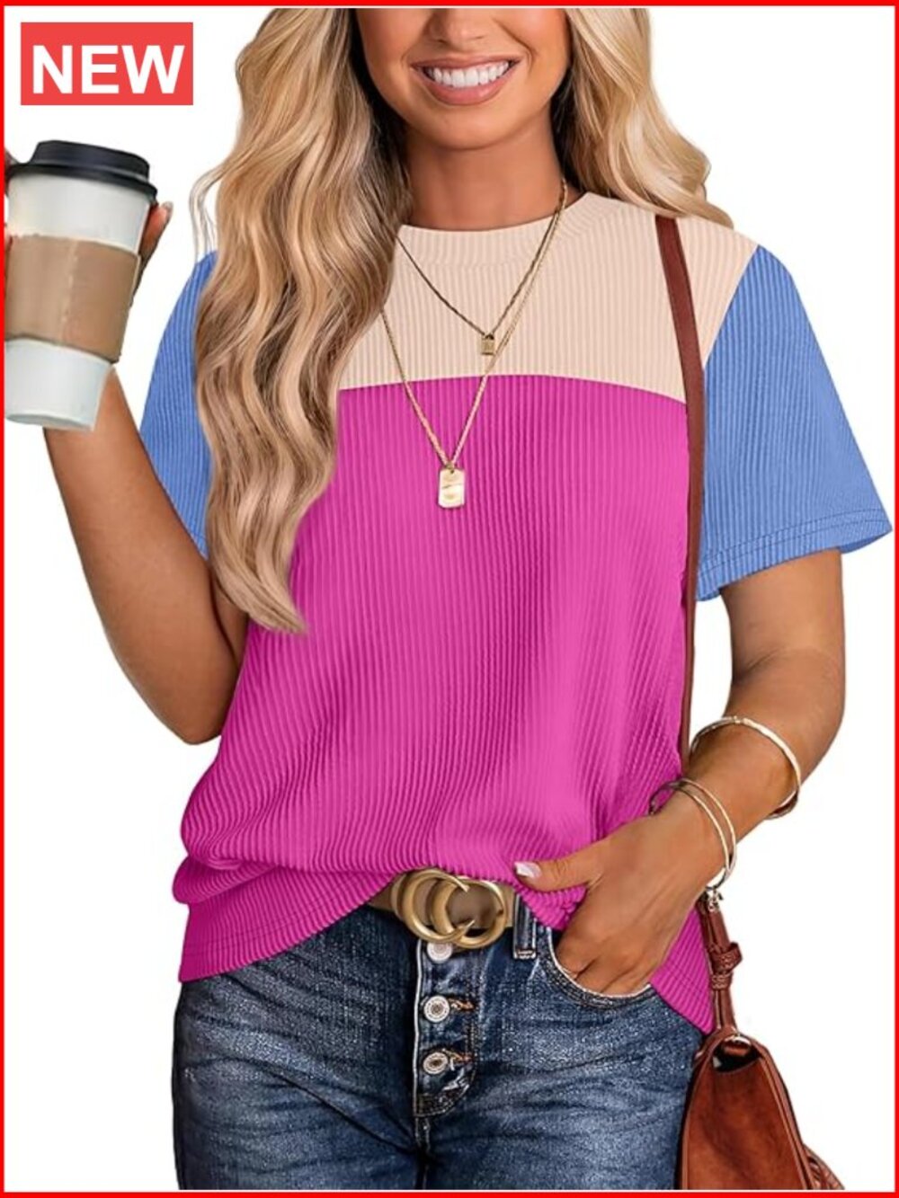 Color Block Knitted Short Sleeve Crewneck T-Shirt Casual Trendy Summer Top